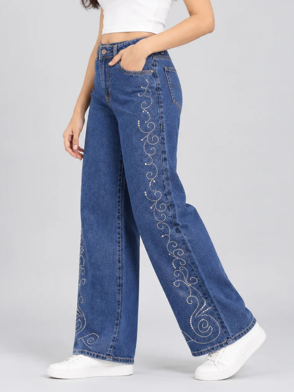 Women High-Rise Rhinestone Embellished Wide-Leg Jeans
