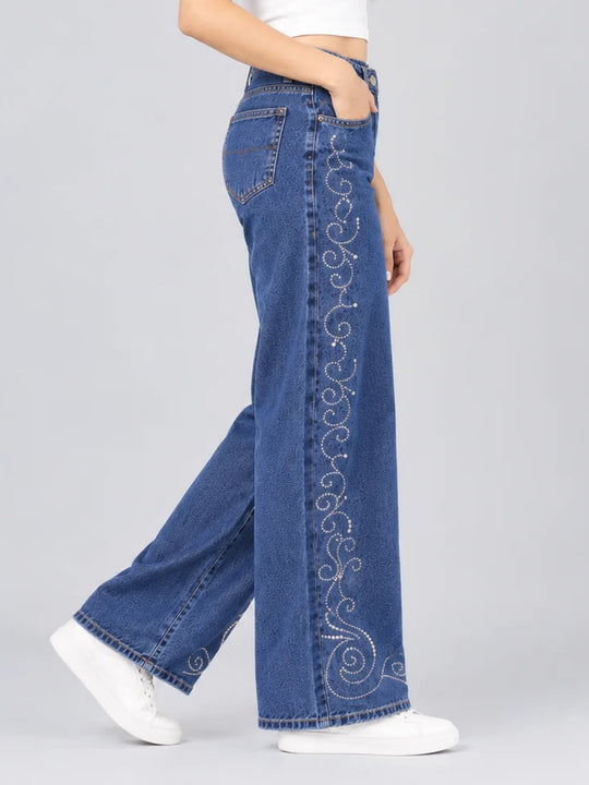 Women High-Rise Rhinestone Embellished Wide-Leg Jeans