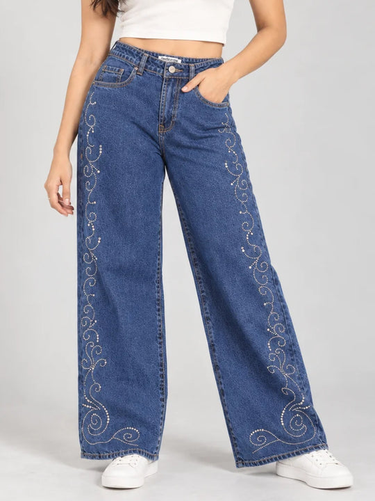 Women High-Rise Rhinestone Embellished Wide-Leg Jeans