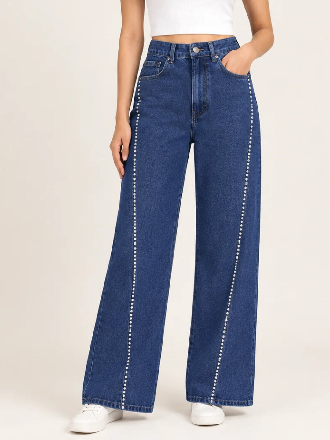 Women’s Blue Wide-Leg Rhinestone Detail Jeans