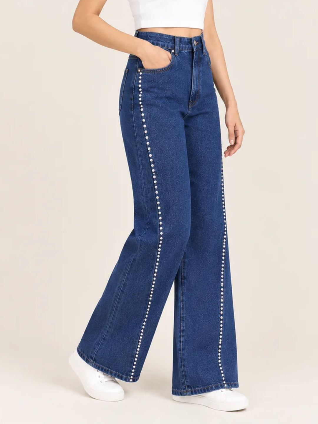 Women’s Blue Wide-Leg Rhinestone Detail Jeans