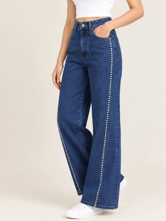 Women’s Blue Wide-Leg Rhinestone Detail Jeans