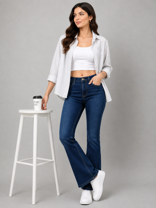 Stretchable Boot Cut Jeans-Dark Blue