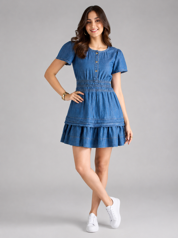 TARAMA Puff Sleeve Smocked Waist Denim Mini Dress