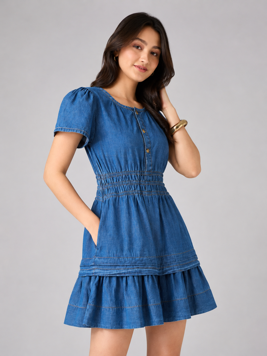 TARAMA Puff Sleeve Smocked Waist Denim Mini Dress