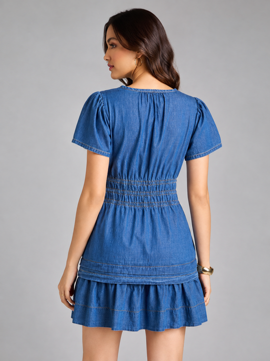 TARAMA Puff Sleeve Smocked Waist Denim Mini Dress