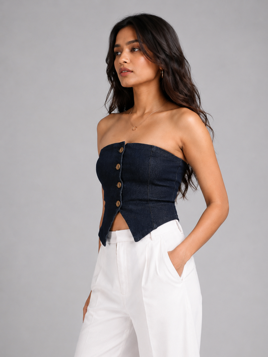 Stretchable Women's Dark Blue Denim Corset Top