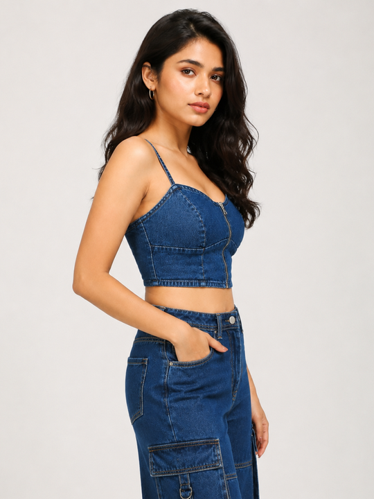 Denim Front-Zip Crop Top with Smocked Back-Dark Blue