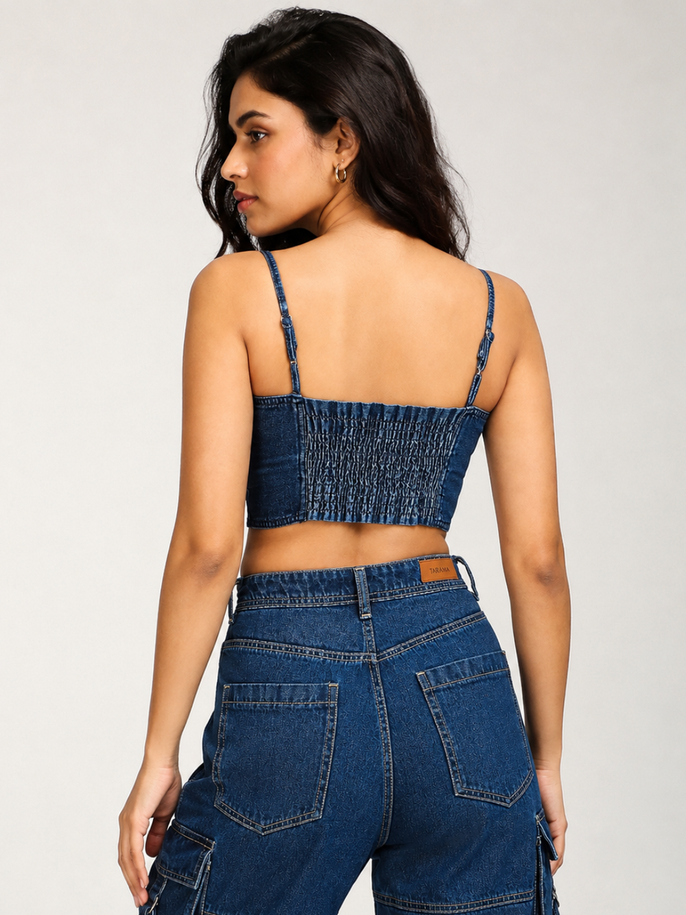 Denim Front-Zip Crop Top with Smocked Back-Dark Blue