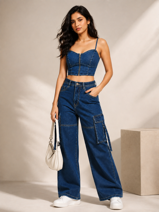 Denim Front-Zip Crop Top with Smocked Back-Dark Blue