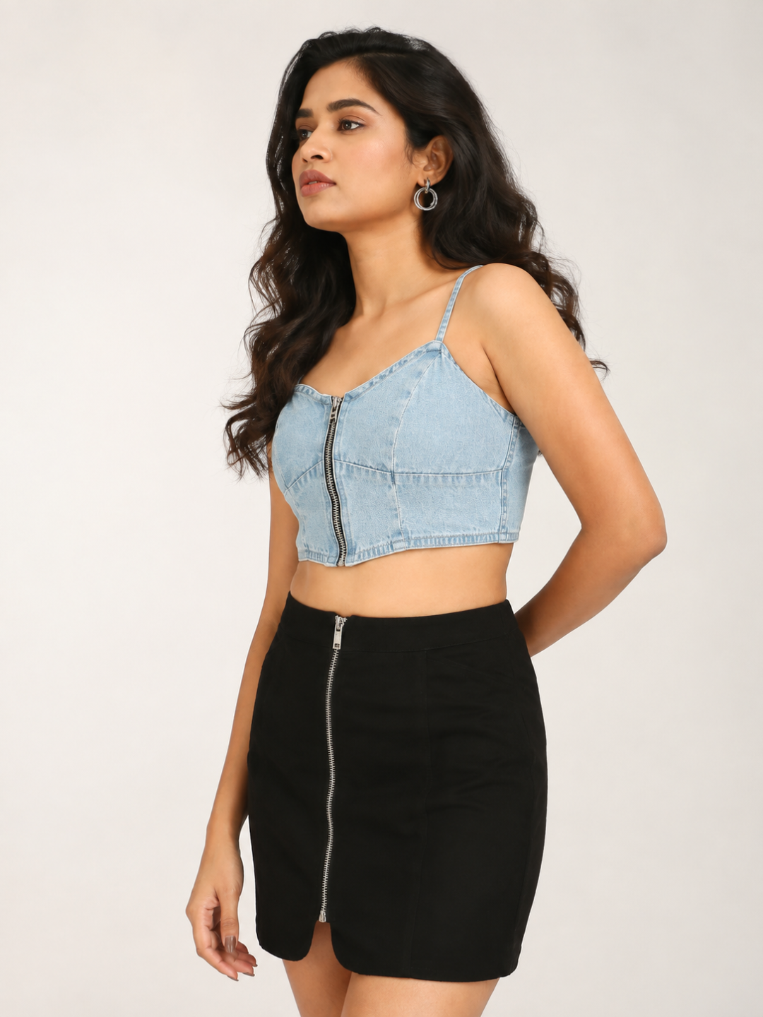 Denim Front-Zip Crop Top with Smocked Back-Light Blue