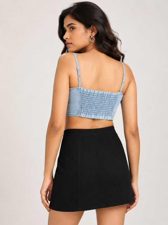 Denim Front-Zip Crop Top with Smocked Back-Light Blue