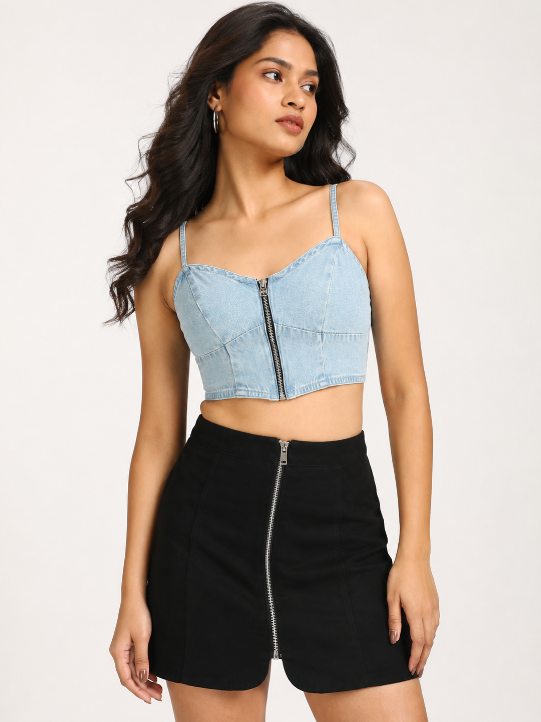 Denim Front-Zip Crop Top with Smocked Back-Light Blue
