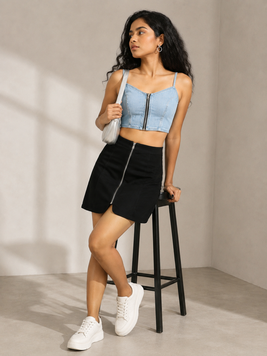 Denim Front-Zip Crop Top with Smocked Back-Light Blue