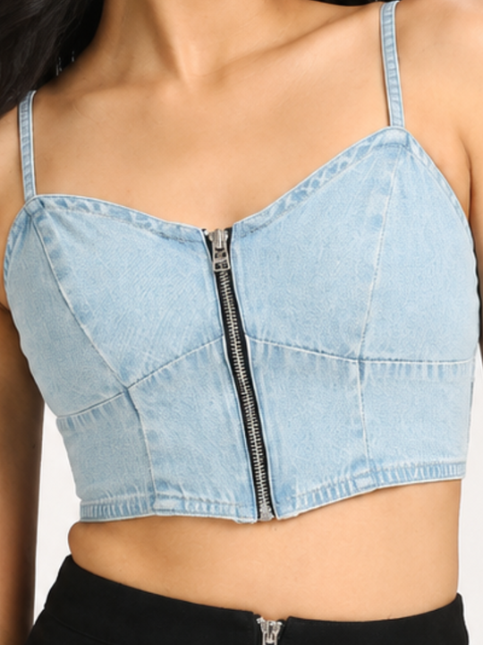 Denim Front-Zip Crop Top with Smocked Back-Light Blue