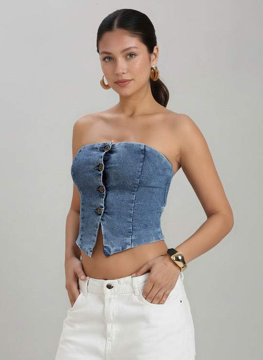 TARAMA Stretchable Women's Mid Blue Denim Corset Top