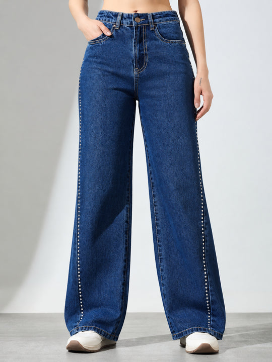 Women’s Blue Wide-Leg Rhinestone Detail Jeans