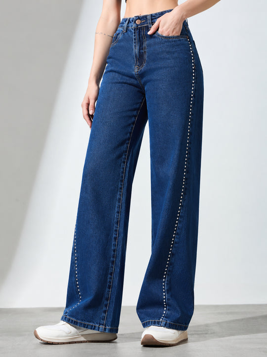 Women’s Blue Wide-Leg Rhinestone Detail Jeans