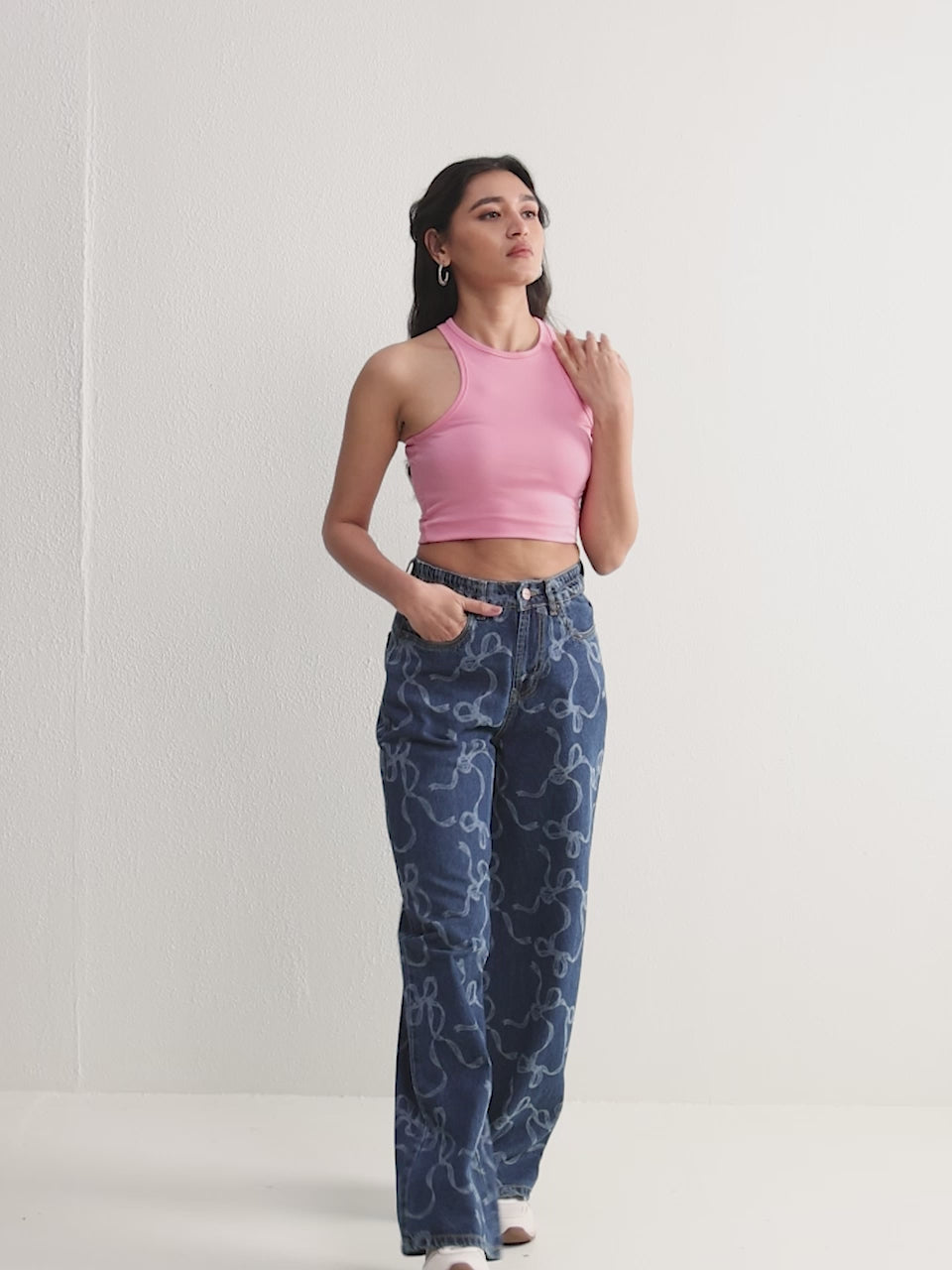 TARAMA High Waist Wide Leg Jeans with laser Engraved Print