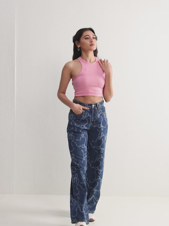 TARAMA High Waist Wide Leg Jeans with laser Engraved Print