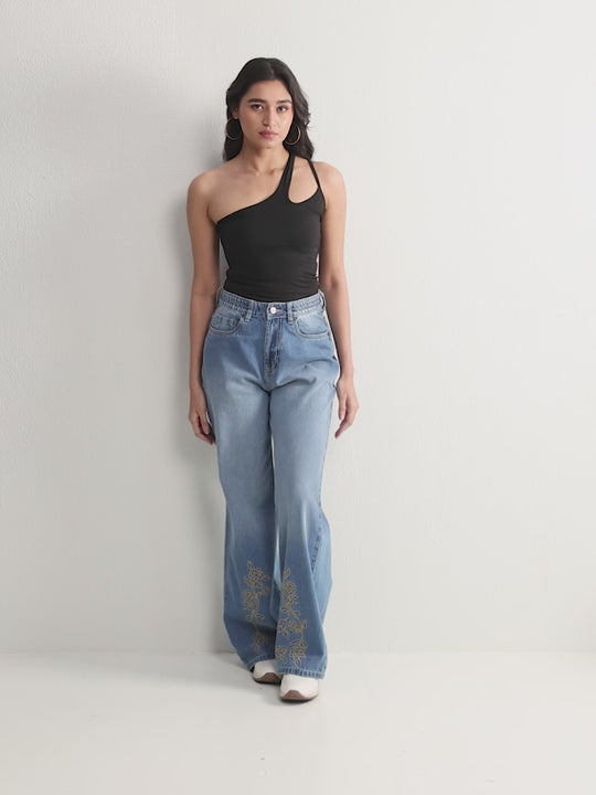 TARAMA High-Rise Floral Embroidered Wide-Leg Jeans