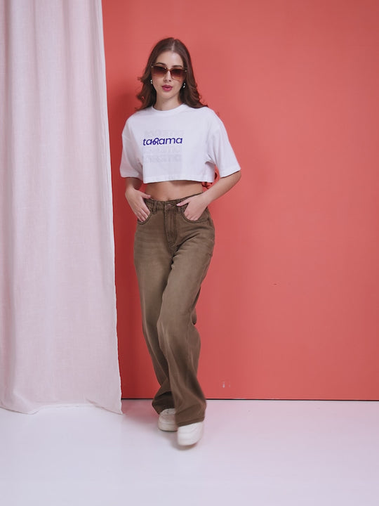 TARAMA High-Rise Wide-Leg Khaki Denim Jeans