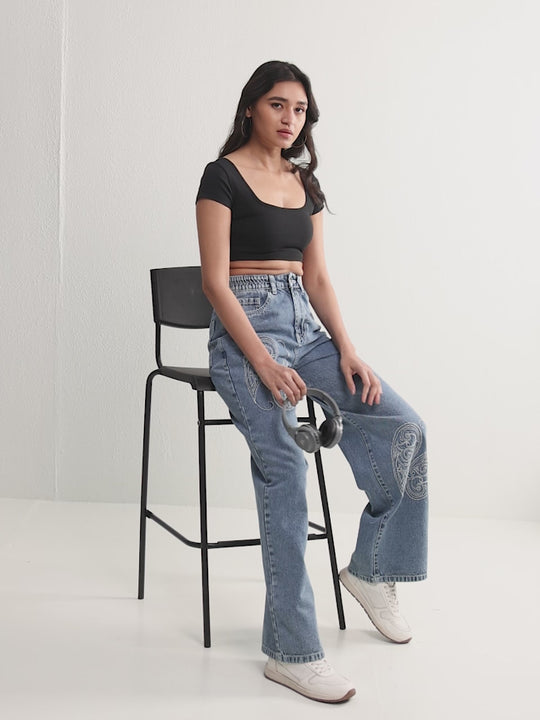 TARAMA High-Rise Paisley Embroidered Wide Leg Jeans