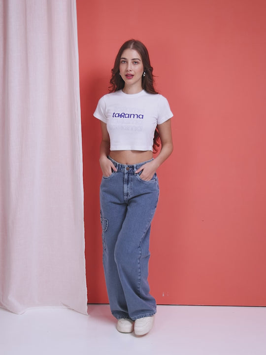 TARAMA Bow Appliqué High-Waist Wide-Leg Denim Jeans