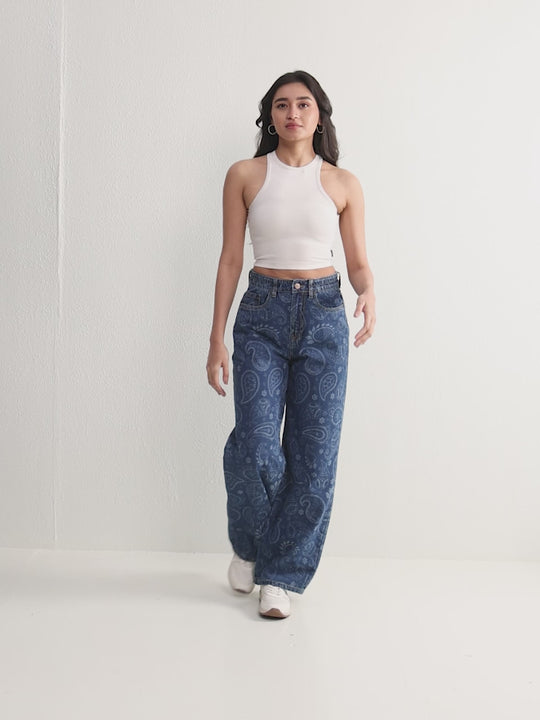 TARAMA High Waist Wide Leg Jeans with Paisley laser Engraved Print