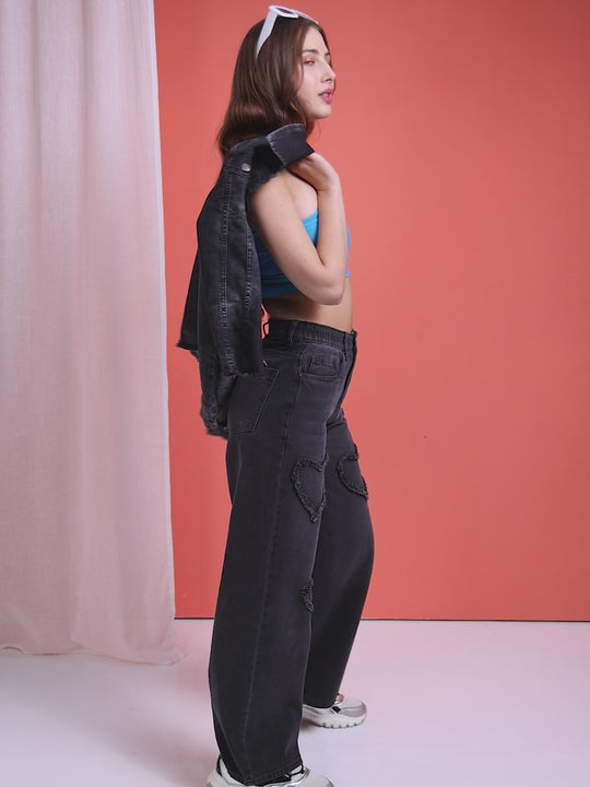 TARAMA High Rise Wide Leg Distressed Heart Jeans